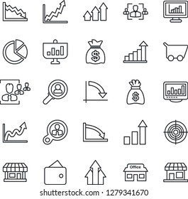 Thin Line Icon Set - growth statistic vector, money bag, crisis graph, store, monitor statistics, pie, hr, target, consumer search, arrow up, wallet, cart, presentation, storefront