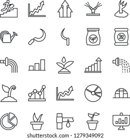 Thin Line Icon Set - growth statistic vector, seedling, watering can, sproute, sickle, greenhouse, fertilizer, drip irrigation, bar graph, pie, point, career ladder, arrow up, presentation