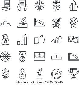 Thin Line Icon Set - growth statistic vector, dollar sign, pedestal, medal, money bag, document, cash, finger up, sertificate, target, career ladder, arrow graph, crisis, award cup