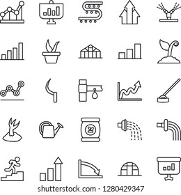 Thin Line Icon Set - growth statistic vector, seedling, watering can, sproute, hoe, sickle, greenhouse, fertilizer, drip irrigation, bar graph, point, career ladder, arrow up, crisis, presentation
