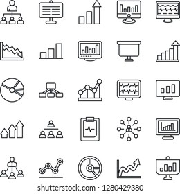 Thin Line Icon Set - growth statistic vector, hierarchy, presentation board, monitor, circle chart, pulse, clipboard, statistics, bar graph, pie, point, arrow up, crisis