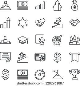 Thin Line Icon Set - growth statistic vector, dollar sign, pedestal, graduate, cash, sertificate, bar graph, handshake, career ladder, police, target, arrow up, motivation, money bag, pennon