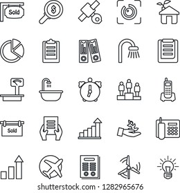 Thin Line Icon Set - growth statistic vector, pedestal, office binder, document, plane, satellite, phone, clipboard, heavy scales, alarm, eye id, pie graph, contract, windmill, sold signboard, idea