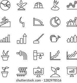Thin Line Icon Set - growth statistic vector, seedling, watering can, sproute, hoe, sickle, greenhouse, drip irrigation, bar graph, pie, point, career ladder, arrow up, crisis, presentation