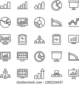 Thin Line Icon Set - growth statistic vector, presentation board, monitor, circle chart, pulse, clipboard, statistics, bar graph, pie, point, hierarchy, arrow up, crisis