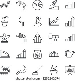 Thin Line Icon Set - growth statistic vector, seedling, watering can, sproute, hoe, sickle, greenhouse, fertilizer, drip irrigation, bar graph, pie, point, career ladder, arrow up, crisis