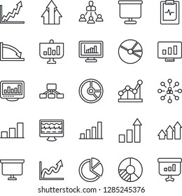 Thin Line Icon Set - growth statistic vector, hierarchy, presentation board, monitor, circle chart, pulse, clipboard, statistics, bar graph, pie, point, arrow up, crisis