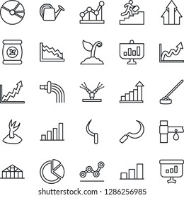 Thin Line Icon Set - growth statistic vector, watering can, sproute, hoe, sickle, greenhouse, fertilizer, drip irrigation, bar graph, pie, point, career ladder, arrow up, crisis, presentation