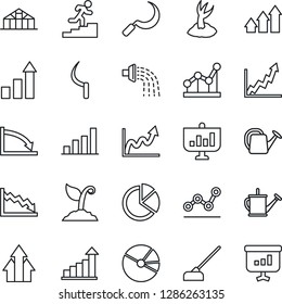Thin Line Icon Set - growth statistic vector, watering can, sproute, hoe, sickle, greenhouse, bar graph, pie, point, career ladder, arrow up, crisis, presentation