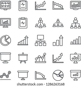 Thin Line Icon Set - growth statistic vector, hierarchy, presentation board, monitor pulse, clipboard, statistics, bar graph, pie, point, crisis