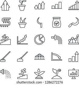 Thin Line Icon Set - growth statistic vector, seedling, watering, sproute, hoe, sickle, greenhouse, fertilizer, drip irrigation, bar graph, pie, point, career ladder, arrow up, crisis, presentation
