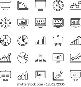 Thin Line Icon Set - growth statistic vector, hierarchy, presentation board, monitor, circle chart, pulse, statistics, bar graph, pie, point, arrow up, crisis