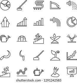 Thin Line Icon Set - growth statistic vector, watering can, sproute, hoe, sickle, greenhouse, drip irrigation, bar graph, pie, point, career ladder, arrow up, crisis, presentation