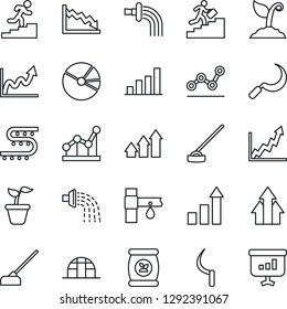 Thin Line Icon Set - growth statistic vector, seedling, watering, sproute, hoe, sickle, greenhouse, fertilizer, drip irrigation, bar graph, pie, point, career ladder, arrow up, crisis, presentation