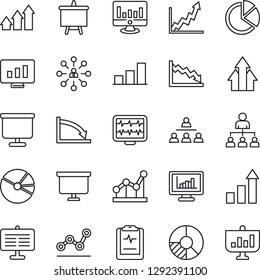 Thin Line Icon Set - growth statistic vector, hierarchy, presentation board, monitor, circle chart, pulse, clipboard, statistics, bar graph, pie, point, arrow up, crisis