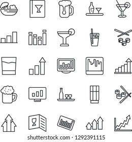 Thin Line Icon Set - growth statistic vector, monitor, barcode, equalizer, scanner, statistics, bar graph, alcohol, wine card, drink, cocktail, phyto, beer, salad, sushi, arrow up