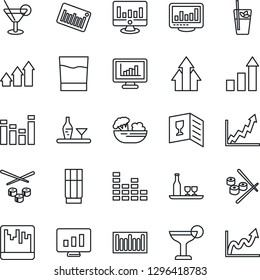 Thin Line Icon Set - growth statistic vector, monitor, barcode, equalizer, scanner, statistics, alcohol, wine card, drink, cocktail, phyto bar, salad, sushi, arrow up graph