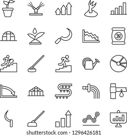 Thin Line Icon Set - growth statistic vector, seedling, watering can, sproute, hoe, sickle, greenhouse, fertilizer, drip irrigation, bar graph, pie, point, career ladder, arrow up, crisis
