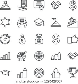 Thin Line Icon Set - growth statistic vector, dollar sign, graduate, money bag, document, finger up, bar graph, target, handshake, career ladder, police, arrow, motivation, certificate, award cup