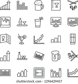 Thin Line Icon Set - growth statistic vector, monitor, barcode, equalizer, scanner, statistics, bar graph, alcohol, wine card, drink, cocktail, phyto, beer, sushi, arrow up