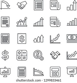Thin Line Icon Set - growth statistic vector, dollar sign, calculator, crisis graph, cash, receipt, news, bar, abacus, point, handshake, contract, arrow up, money search, presentation