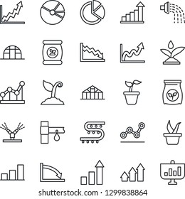 Thin Line Icon Set - growth statistic vector, seedling, watering, sproute, greenhouse, fertilizer, drip irrigation, bar graph, pie, point, arrow up, crisis, presentation