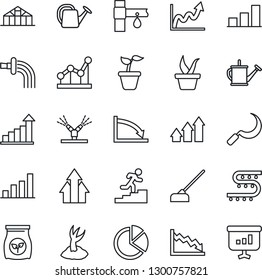Thin Line Icon Set - growth statistic vector, seedling, watering can, sproute, hoe, sickle, greenhouse, fertilizer, drip irrigation, bar graph, pie, point, career ladder, arrow up, crisis