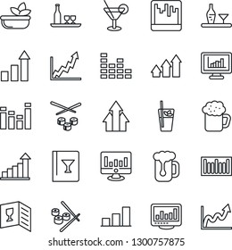 Thin Line Icon Set - growth statistic vector, monitor, barcode, equalizer, scanner, statistics, bar graph, alcohol, wine card, cocktail, phyto, beer, salad, sushi, arrow up