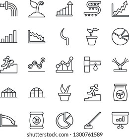Thin Line Icon Set - growth statistic vector, seedling, watering, sproute, hoe, sickle, greenhouse, fertilizer, drip irrigation, bar graph, pie, point, career ladder, crisis, presentation