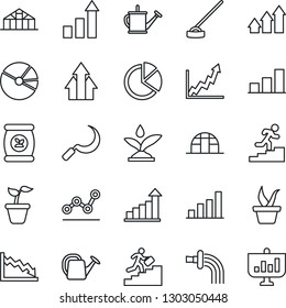 Thin Line Icon Set - growth statistic vector, seedling, watering can, hoe, sickle, greenhouse, fertilizer, bar graph, pie, point, career ladder, irrigation, arrow up, crisis, presentation