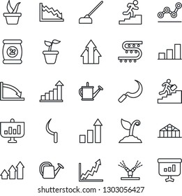 Thin Line Icon Set - growth statistic vector, seedling, watering can, sproute, hoe, sickle, greenhouse, fertilizer, drip irrigation, bar graph, point, career ladder, arrow up, crisis, presentation