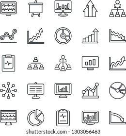 Thin Line Icon Set - growth statistic vector, hierarchy, presentation board, monitor, circle chart, pulse, clipboard, statistics, pie graph, point, arrow up, crisis