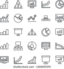Thin Line Icon Set - growth statistic vector, hierarchy, presentation board, monitor, circle chart, pulse, statistics, bar graph, pie, point, arrow up, crisis