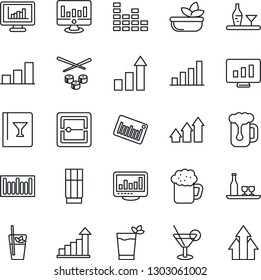 Thin Line Icon Set - growth statistic vector, monitor, barcode, equalizer, scanner, statistics, bar graph, alcohol, wine card, drink, cocktail, phyto, beer, salad, sushi, arrow up