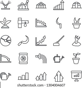Thin Line Icon Set - growth statistic vector, seedling, watering can, sproute, hoe, sickle, greenhouse, fertilizer, drip irrigation, bar graph, pie, point, arrow up, crisis, presentation