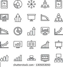 Thin Line Icon Set - growth statistic vector, hierarchy, presentation board, monitor, circle chart, pulse, clipboard, statistics, bar graph, arrow up, crisis