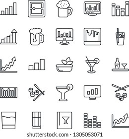 Thin Line Icon Set - growth statistic vector, monitor, barcode, equalizer, scanner, statistics, bar graph, alcohol, wine card, drink, cocktail, phyto, beer, salad, sushi
