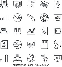 Thin Line Icon Set - growth statistic vector, office binder, crisis graph, document, monitor, reload, diagnosis, barcode, satellite antenna, network, share, scanner, sd, download, statistics, bar
