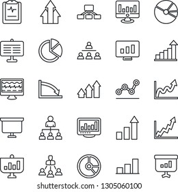 Thin Line Icon Set - growth statistic vector, hierarchy, presentation board, monitor, circle chart, pulse, clipboard, statistics, bar graph, pie, point, arrow up, crisis