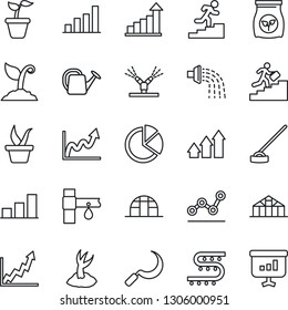 Thin Line Icon Set - growth statistic vector, seedling, watering can, sproute, hoe, sickle, greenhouse, fertilizer, drip irrigation, bar graph, pie, point, career ladder, arrow up, presentation