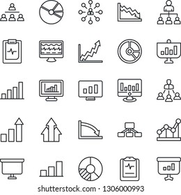 Thin Line Icon Set - growth statistic vector, hierarchy, presentation board, monitor, circle chart, pulse, clipboard, statistics, bar graph, pie, point, arrow up, crisis