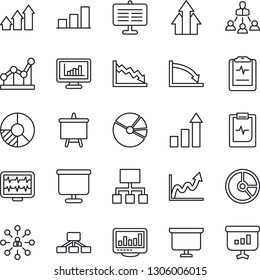 Thin Line Icon Set - growth statistic vector, hierarchy, presentation board, circle chart, monitor pulse, clipboard, statistics, bar graph, pie, point, arrow up, crisis