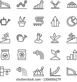 Thin Line Icon Set - growth statistic vector, seedling, watering can, sproute, greenhouse, fertilizer, drip irrigation, pie graph, point, career ladder, arrow up, crisis