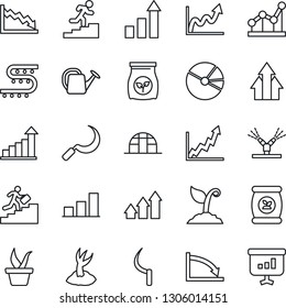 Thin Line Icon Set - growth statistic vector, seedling, watering can, sproute, sickle, greenhouse, fertilizer, drip irrigation, bar graph, pie, point, career ladder, arrow up, crisis, presentation