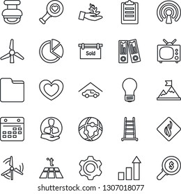 Thin Line Icon Set - growth statistic vector, office binder, bulb, ladder, heart, diagnostic, client, settings, network, folder, calendar, clipboard, pie graph, stamp, windmill, garage, tv, wireless