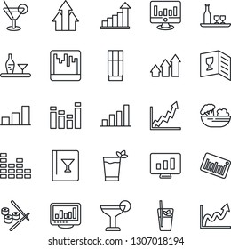 Thin Line Icon Set - growth statistic vector, monitor, barcode, equalizer, scanner, statistics, bar graph, alcohol, wine card, drink, cocktail, phyto, salad, sushi, arrow up