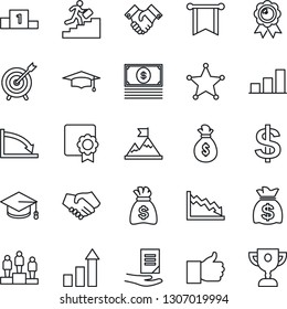 Thin Line Icon Set - growth statistic vector, dollar sign, pedestal, medal, graduate, money bag, document, finger up, sertificate, bar graph, handshake, career ladder, police, target, motivation