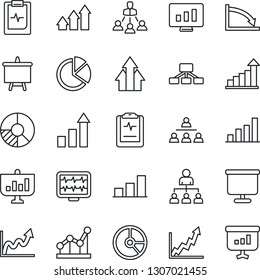 Thin Line Icon Set - growth statistic vector, hierarchy, presentation board, monitor, circle chart, pulse, clipboard, bar graph, pie, point, arrow up, crisis