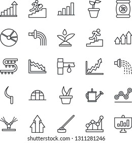 Thin Line Icon Set - growth statistic vector, seedling, watering can, hoe, sickle, greenhouse, fertilizer, drip irrigation, bar graph, pie, point, career ladder, arrow up, crisis, presentation