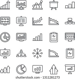 Thin Line Icon Set - growth statistic vector, hierarchy, presentation board, monitor, circle chart, pulse, clipboard, statistics, bar graph, pie, point, arrow up, crisis